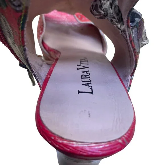 Laura Vita Women’s Red Floral Pattern Leather Open Toe Bow Accent Heels Size 10 - Picture 8 of 11
